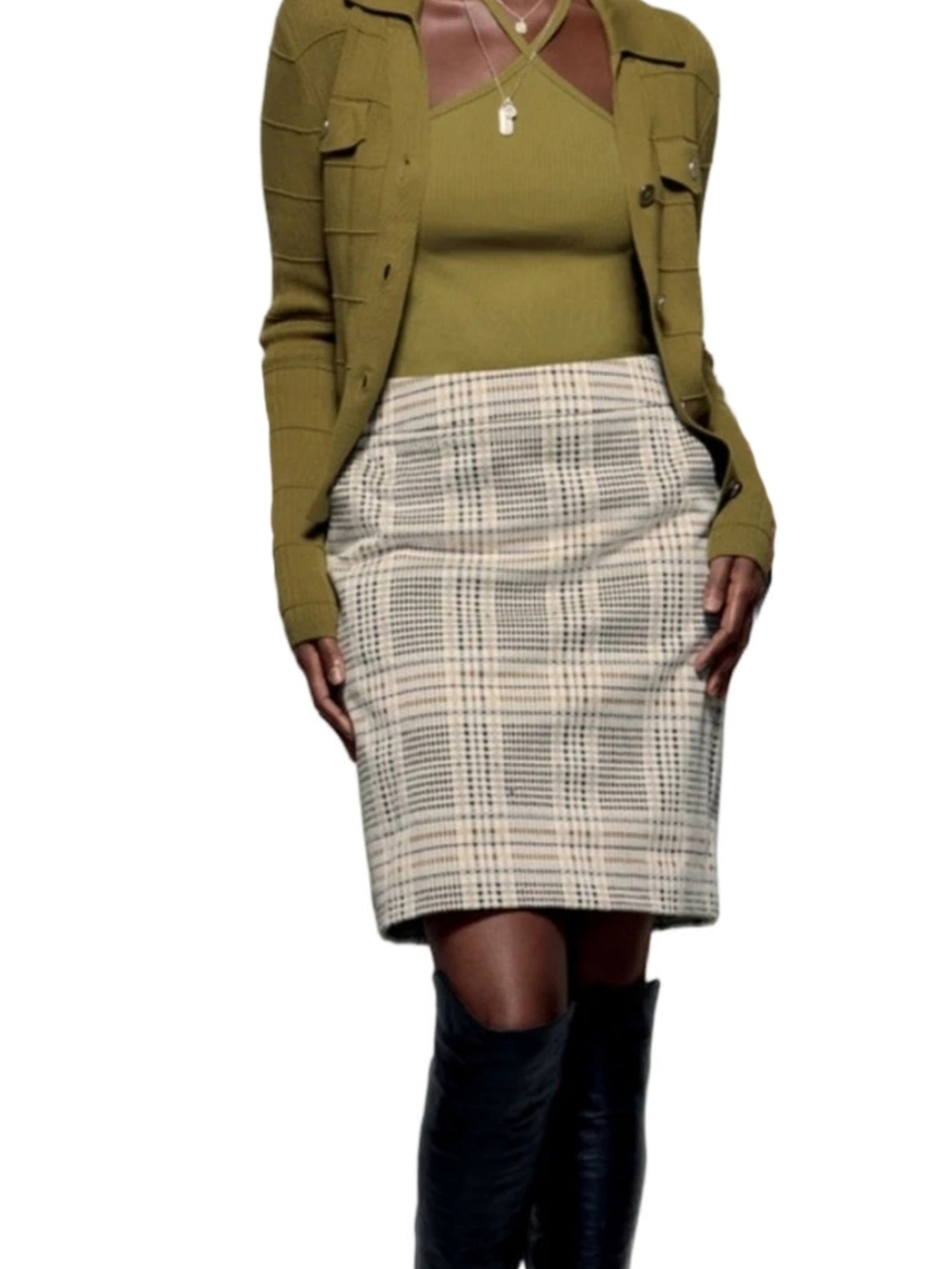 CAbi Travel Skirt Style #4580 Plaid Pencil Skirt Beige Cream Black
